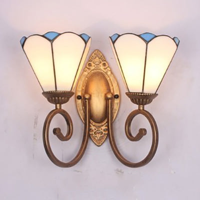 Stained Glass Conical Sconce Light Vintage 2 Lights Wall Mount Light in White/Blue for Bedroom White Clearhalo 'Industrial' 'Middle century wall lights' 'Tiffany wall lights' 'Tiffany' 'Wall Lamps & Sconces' 'Wall Lights' Lighting' 24126