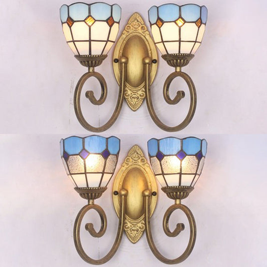 Bowl Wall Lighting Stained Glass 2 Heads Mediterranean Living Room Sconce Lamp in White/Clear Clearhalo 'Industrial' 'Middle century wall lights' 'Tiffany wall lights' 'Tiffany' 'Wall Lamps & Sconces' 'Wall Lights' Lighting' 24133