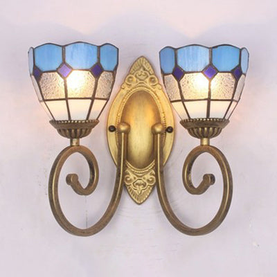 Bowl Wall Lighting Stained Glass 2 Heads Mediterranean Living Room Sconce Lamp in White/Clear Clear Clearhalo 'Industrial' 'Middle century wall lights' 'Tiffany wall lights' 'Tiffany' 'Wall Lamps & Sconces' 'Wall Lights' Lighting' 24134