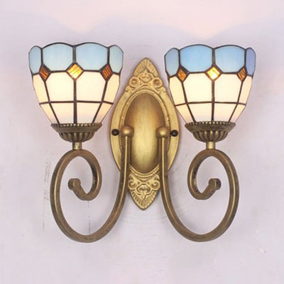 Bowl Wall Lighting Stained Glass 2 Heads Mediterranean Living Room Sconce Lamp in White/Clear White Clearhalo 'Industrial' 'Middle century wall lights' 'Tiffany wall lights' 'Tiffany' 'Wall Lamps & Sconces' 'Wall Lights' Lighting' 24135