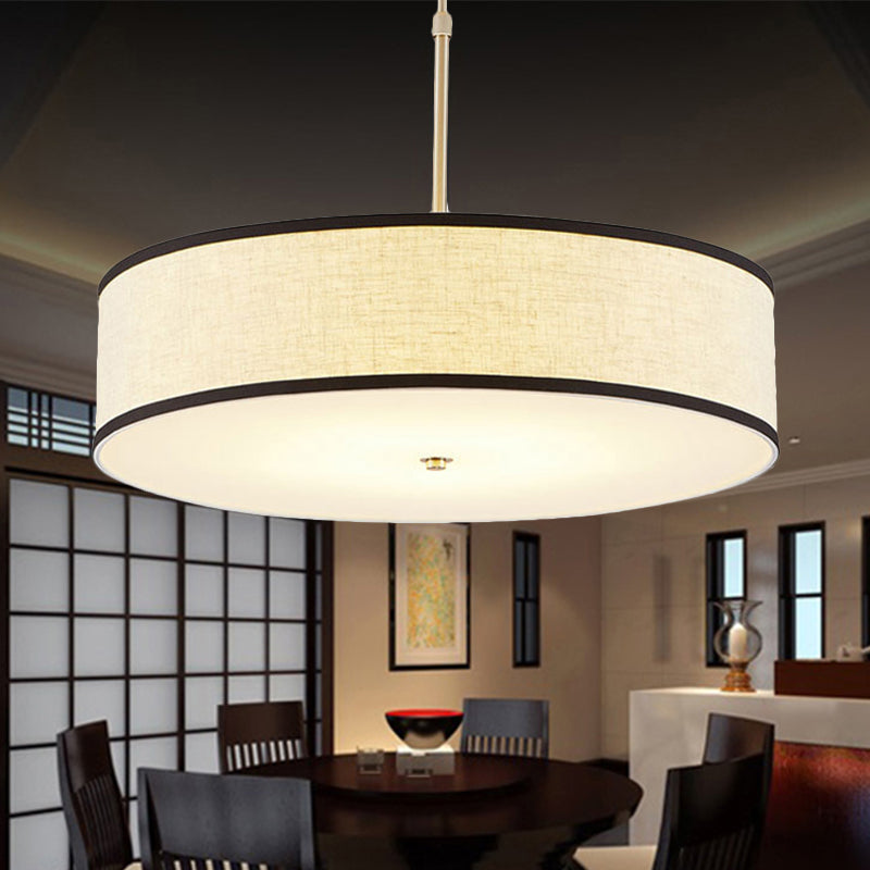 Drum Ceiling Pendant Light Simple Fabric 16"/19.5"/23.5" Dia 3 Lights Beige Hanging Lamp Kit Beige 23.5" Clearhalo 'Ceiling Lights' 'Modern Pendants' 'Modern' 'Pendant Lights' 'Pendants' Lighting' 241404