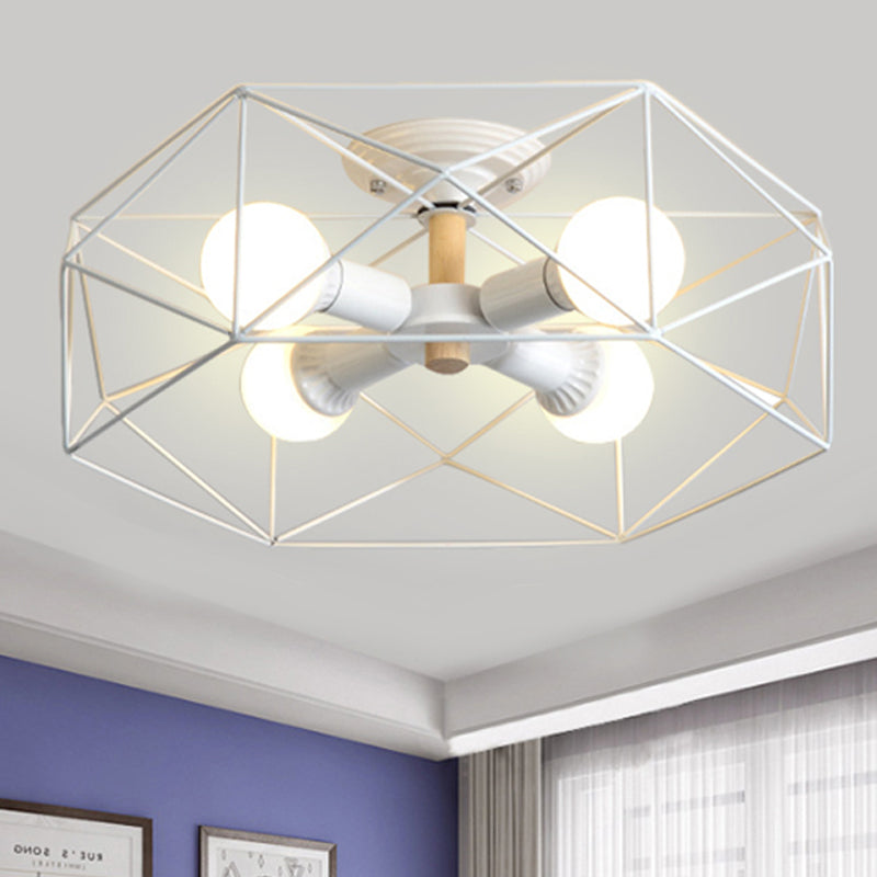 Geometric Semi Flush Mount Modern Metal 3/4/5 Lights White/Black/Gold Semi Flush Mount Light with Wire-Cage Shade 4 White Clearhalo 'Ceiling Lights' 'Close To Ceiling Lights' 'Close to ceiling' 'Semi-flushmount' Lighting' 241430