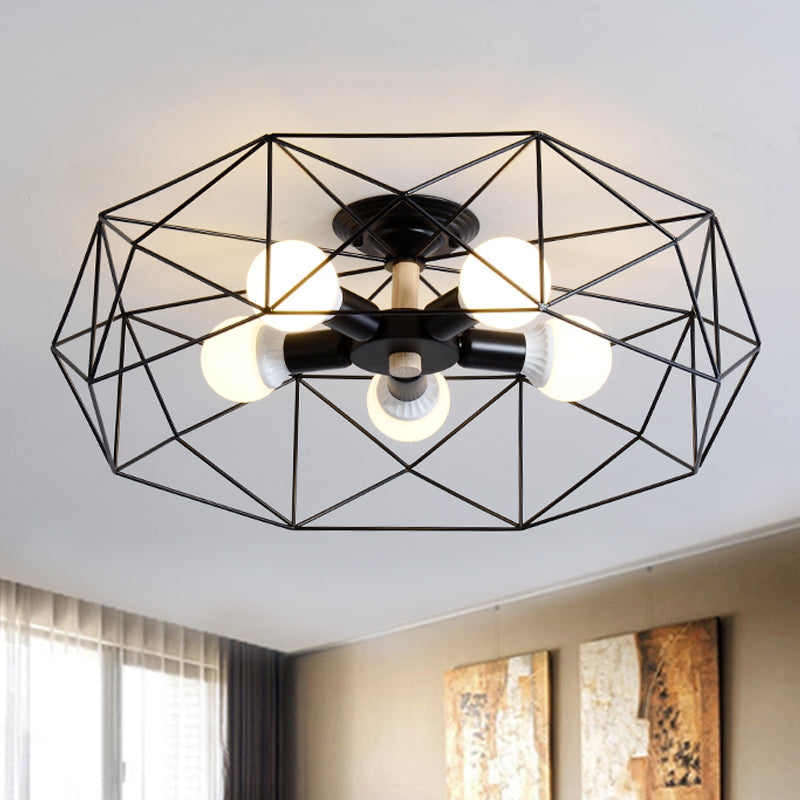 Geometric Semi Flush Mount Modern Metal 3/4/5 Lights White/Black/Gold Semi Flush Mount Light with Wire-Cage Shade 5 Black Clearhalo 'Ceiling Lights' 'Close To Ceiling Lights' 'Close to ceiling' 'Semi-flushmount' Lighting' 241432