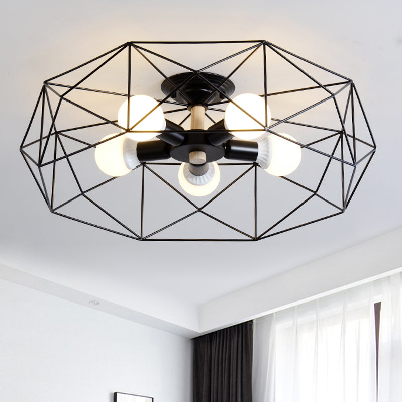 Geometric Semi Flush Mount Modern Metal 3/4/5 Lights White/Black/Gold Semi Flush Mount Light with Wire-Cage Shade Clearhalo 'Ceiling Lights' 'Close To Ceiling Lights' 'Close to ceiling' 'Semi-flushmount' Lighting' 241433