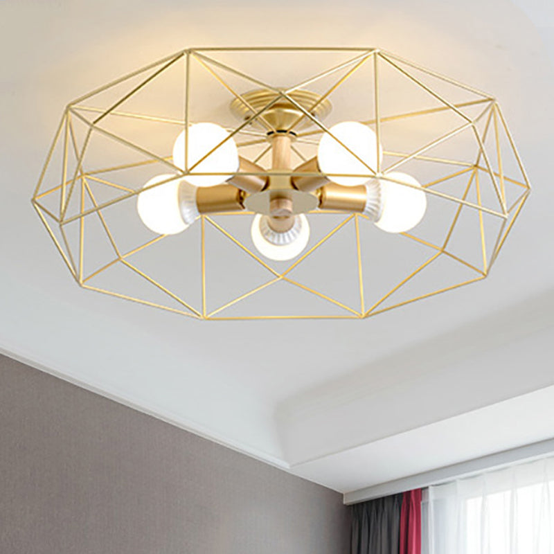Geometric Semi Flush Mount Modern Metal 3/4/5 Lights White/Black/Gold Semi Flush Mount Light with Wire-Cage Shade 5 Gold Clearhalo 'Ceiling Lights' 'Close To Ceiling Lights' 'Close to ceiling' 'Semi-flushmount' Lighting' 241434