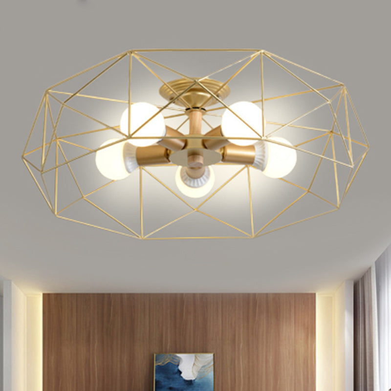 Geometric Semi Flush Mount Modern Metal 3/4/5 Lights White/Black/Gold Semi Flush Mount Light with Wire-Cage Shade Clearhalo 'Ceiling Lights' 'Close To Ceiling Lights' 'Close to ceiling' 'Semi-flushmount' Lighting' 241435
