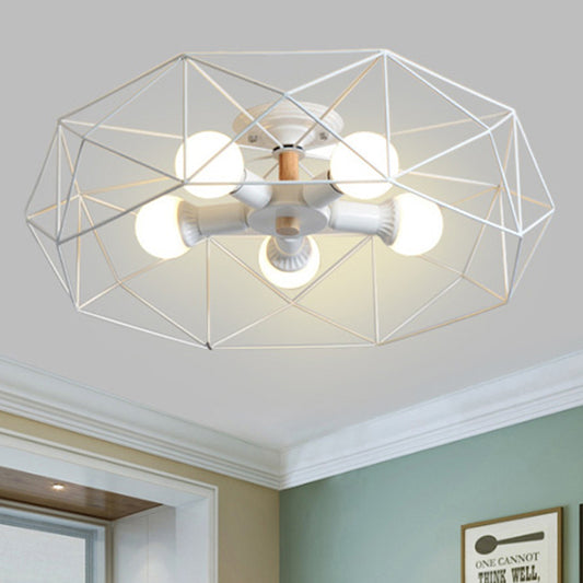 Geometric Semi Flush Mount Modern Metal 3/4/5 Lights White/Black/Gold Semi Flush Mount Light with Wire-Cage Shade 5 White Clearhalo 'Ceiling Lights' 'Close To Ceiling Lights' 'Close to ceiling' 'Semi-flushmount' Lighting' 241436