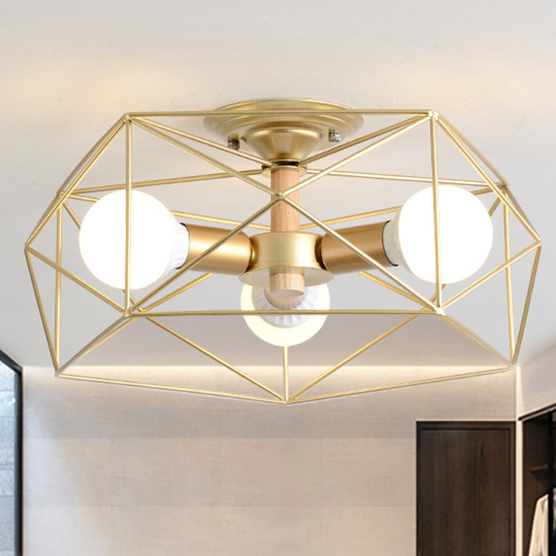 Geometric Semi Flush Mount Modern Metal 3/4/5 Lights White/Black/Gold Semi Flush Mount Light with Wire-Cage Shade 3 Gold Clearhalo 'Ceiling Lights' 'Close To Ceiling Lights' 'Close to ceiling' 'Semi-flushmount' Lighting' 241440