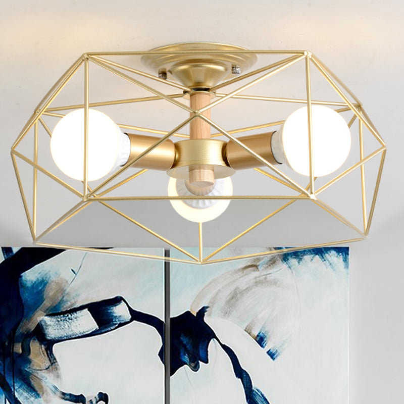 Geometric Semi Flush Mount Modern Metal 3/4/5 Lights White/Black/Gold Semi Flush Mount Light with Wire-Cage Shade Clearhalo 'Ceiling Lights' 'Close To Ceiling Lights' 'Close to ceiling' 'Semi-flushmount' Lighting' 241441