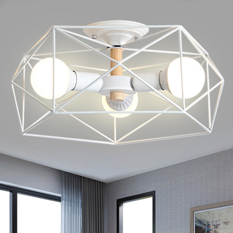 Geometric Semi Flush Mount Modern Metal 3/4/5 Lights White/Black/Gold Semi Flush Mount Light with Wire-Cage Shade 3 White Clearhalo 'Ceiling Lights' 'Close To Ceiling Lights' 'Close to ceiling' 'Semi-flushmount' Lighting' 241442