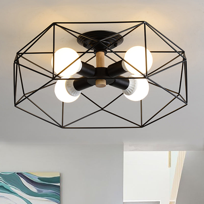 Geometric Semi Flush Mount Modern Metal 3/4/5 Lights White/Black/Gold Semi Flush Mount Light with Wire-Cage Shade 4 Black Clearhalo 'Ceiling Lights' 'Close To Ceiling Lights' 'Close to ceiling' 'Semi-flushmount' Lighting' 241444