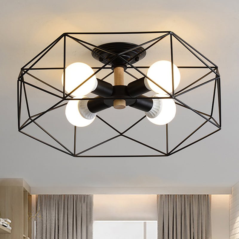 Geometric Semi Flush Mount Modern Metal 3/4/5 Lights White/Black/Gold Semi Flush Mount Light with Wire-Cage Shade Clearhalo 'Ceiling Lights' 'Close To Ceiling Lights' 'Close to ceiling' 'Semi-flushmount' Lighting' 241445