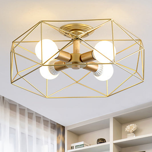 Geometric Semi Flush Mount Modern Metal 3/4/5 Lights White/Black/Gold Semi Flush Mount Light with Wire-Cage Shade 4 Gold Clearhalo 'Ceiling Lights' 'Close To Ceiling Lights' 'Close to ceiling' 'Semi-flushmount' Lighting' 241446