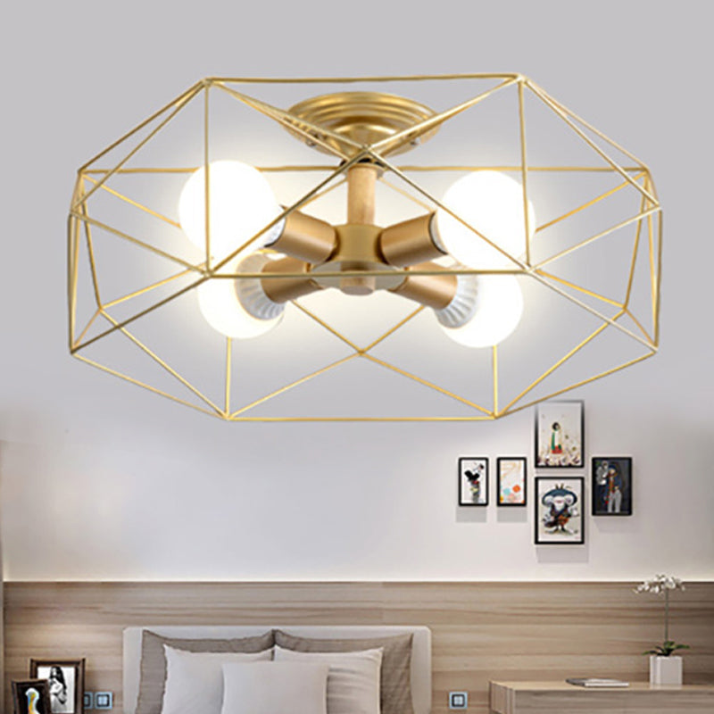 Geometric Semi Flush Mount Modern Metal 3/4/5 Lights White/Black/Gold Semi Flush Mount Light with Wire-Cage Shade Clearhalo 'Ceiling Lights' 'Close To Ceiling Lights' 'Close to ceiling' 'Semi-flushmount' Lighting' 241447