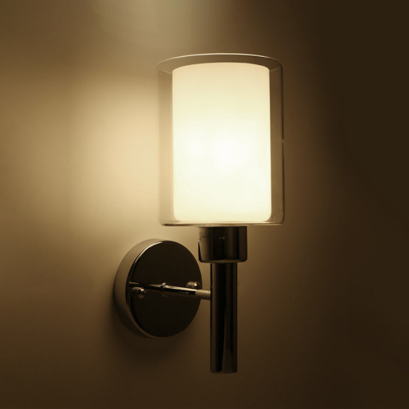 Modern Cylinder Wall Lighting Clear Glass 1 Light Chrome Wall Light with Inner White Glass Shade Chrome Clearhalo 'Cast Iron' 'Glass' 'Industrial' 'Modern wall lights' 'Modern' 'Tiffany' 'Traditional wall lights' 'Wall Lamps & Sconces' 'Wall Lights' Lighting' 241479