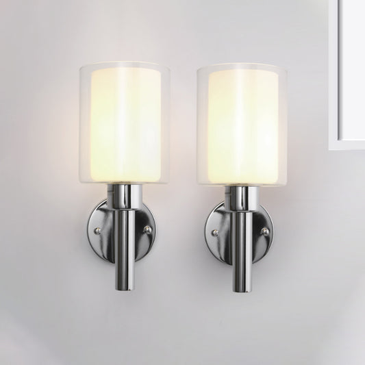 Modern Cylinder Wall Lighting Clear Glass 1 Light Chrome Wall Light with Inner White Glass Shade Clearhalo 'Cast Iron' 'Glass' 'Industrial' 'Modern wall lights' 'Modern' 'Tiffany' 'Traditional wall lights' 'Wall Lamps & Sconces' 'Wall Lights' Lighting' 241480