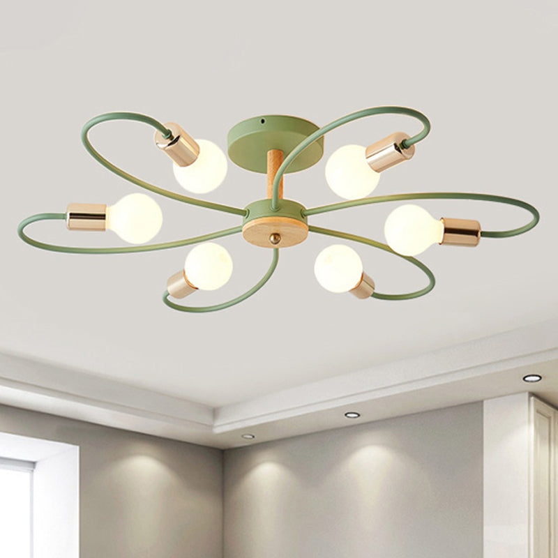 Sputnik Semi Flush Lamp Contemporary Metal 3/6/8 Lights Grey/Green Semi Flush Mount Ceiling Fixture with Curved Arm 6 Green Clearhalo 'Ceiling Lights' 'Close To Ceiling Lights' 'Close to ceiling' 'Semi-flushmount' Lighting' 241486