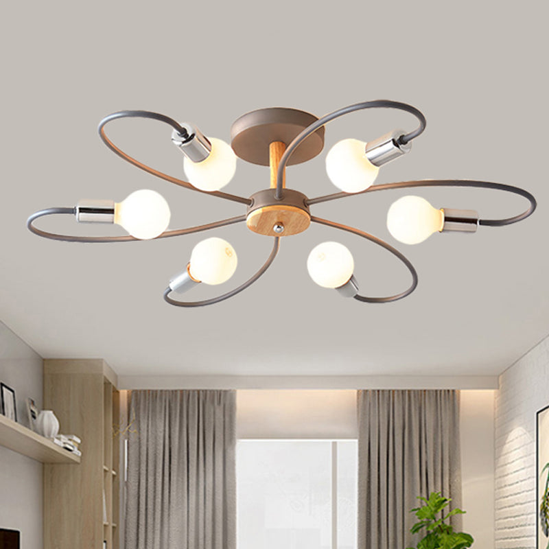Sputnik Semi Flush Lamp Contemporary Metal 3/6/8 Lights Grey/Green Semi Flush Mount Ceiling Fixture with Curved Arm 6 Grey Clearhalo 'Ceiling Lights' 'Close To Ceiling Lights' 'Close to ceiling' 'Semi-flushmount' Lighting' 241488