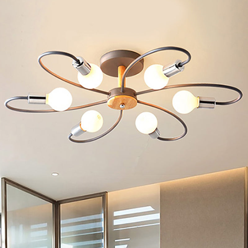 Sputnik Semi Flush Lamp Contemporary Metal 3/6/8 Lights Grey/Green Semi Flush Mount Ceiling Fixture with Curved Arm Clearhalo 'Ceiling Lights' 'Close To Ceiling Lights' 'Close to ceiling' 'Semi-flushmount' Lighting' 241489