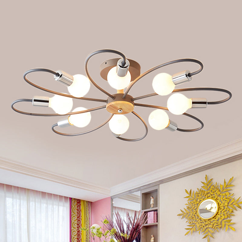Sputnik Semi Flush Lamp Contemporary Metal 3/6/8 Lights Grey/Green Semi Flush Mount Ceiling Fixture with Curved Arm 8 Grey Clearhalo 'Ceiling Lights' 'Close To Ceiling Lights' 'Close to ceiling' 'Semi-flushmount' Lighting' 241490