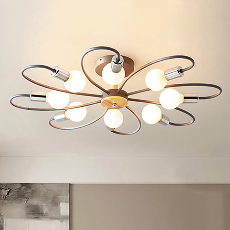 Sputnik Semi Flush Lamp Contemporary Metal 3/6/8 Lights Grey/Green Semi Flush Mount Ceiling Fixture with Curved Arm Clearhalo 'Ceiling Lights' 'Close To Ceiling Lights' 'Close to ceiling' 'Semi-flushmount' Lighting' 241491