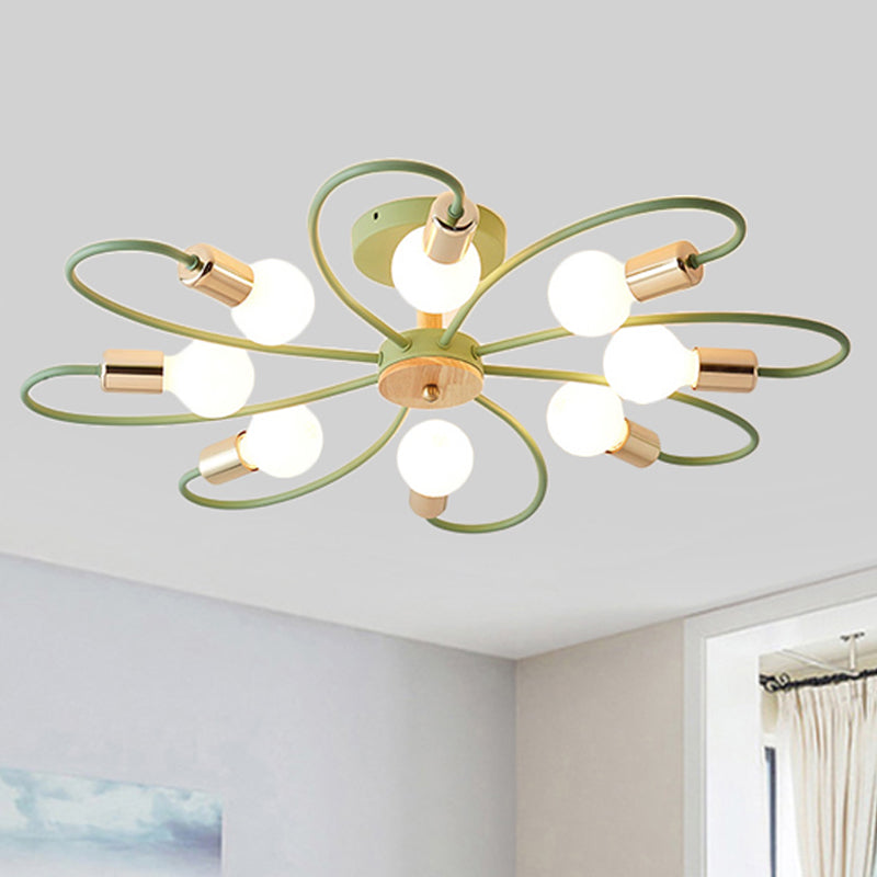 Sputnik Semi Flush Lamp Contemporary Metal 3/6/8 Lights Grey/Green Semi Flush Mount Ceiling Fixture with Curved Arm 8 Green Clearhalo 'Ceiling Lights' 'Close To Ceiling Lights' 'Close to ceiling' 'Semi-flushmount' Lighting' 241492