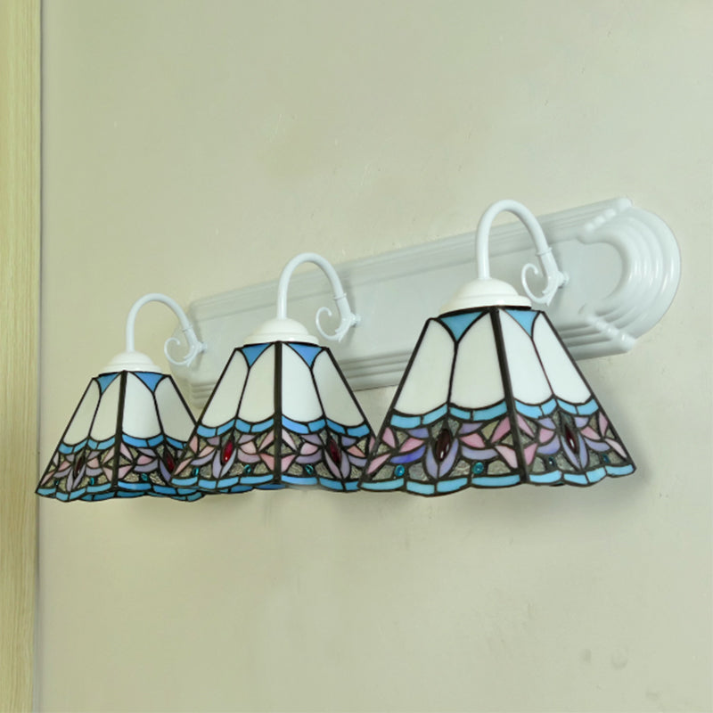 Baroque Cone Wall Mount Light 3 Heads White Glass Sconce Light Fixture with Linear Backplate White Clearhalo 'Industrial' 'Middle century wall lights' 'Tiffany wall lights' 'Tiffany' 'Wall Lamps & Sconces' 'Wall Lights' Lighting' 2415025