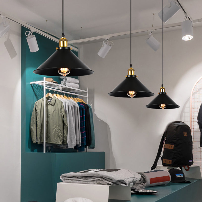 Conical Shade Iron Suspension Light Industrial Single-Bulb Restaurant Pendant Light in Black Black Cone Clearhalo 'Art Deco Pendants' 'Black' 'Cast Iron' 'Ceiling Lights' 'Ceramic' 'Crystal' 'Industrial Pendants' 'Industrial' 'Metal' 'Middle Century Pendants' 'Pendant Lights' 'Pendants' 'Rustic Pendants' 'Tiffany' Lighting' 2415120