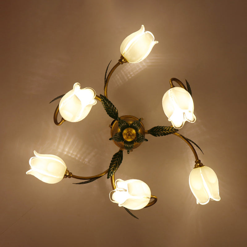 White Glass Blossom Ceiling Light Pastoral Style Bedroom Semi Flush Mount Lamp in Brass 6 White Flower Clearhalo 'Ceiling Lights' 'Close To Ceiling Lights' 'Close to ceiling' 'Semi-flushmount' Lighting' 2415140