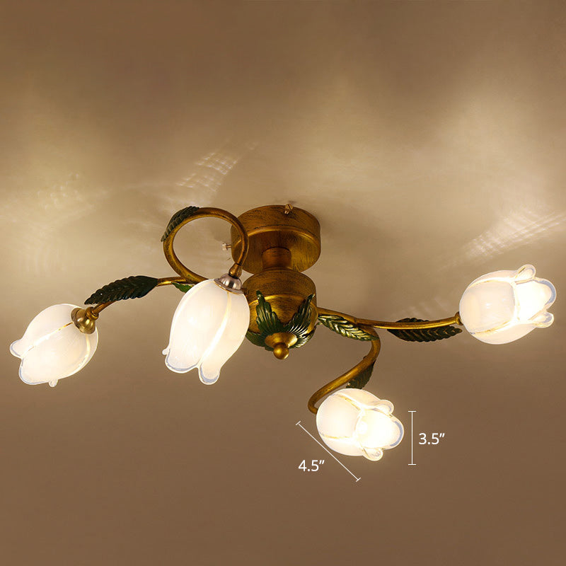 White Glass Blossom Ceiling Light Pastoral Style Bedroom Semi Flush Mount Lamp in Brass 4 White Flower Clearhalo 'Ceiling Lights' 'Close To Ceiling Lights' 'Close to ceiling' 'Semi-flushmount' Lighting' 2415141
