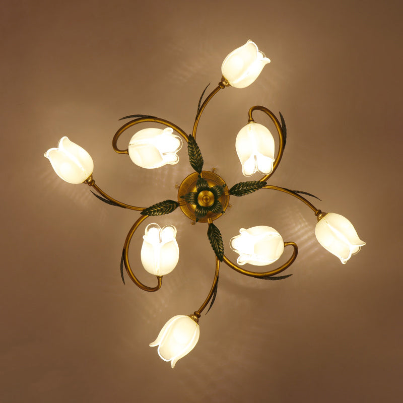 White Glass Blossom Ceiling Light Pastoral Style Bedroom Semi Flush Mount Lamp in Brass 8 White Flower Clearhalo 'Ceiling Lights' 'Close To Ceiling Lights' 'Close to ceiling' 'Semi-flushmount' Lighting' 2415142