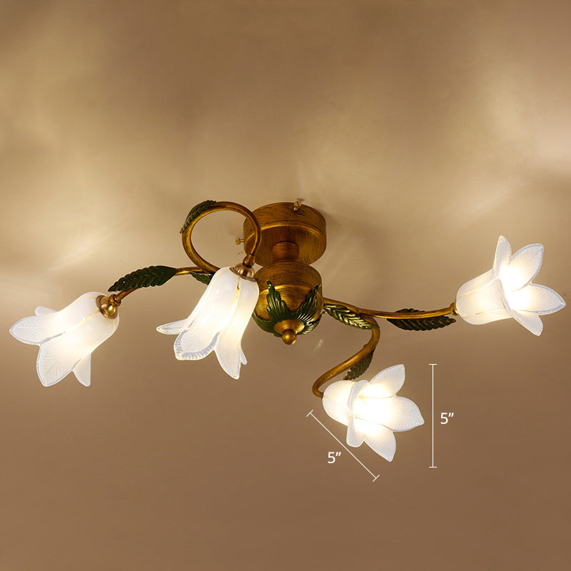 White Glass Blossom Ceiling Light Pastoral Style Bedroom Semi Flush Mount Lamp in Brass 4 White Morning Glory Clearhalo 'Ceiling Lights' 'Close To Ceiling Lights' 'Close to ceiling' 'Semi-flushmount' Lighting' 2415143