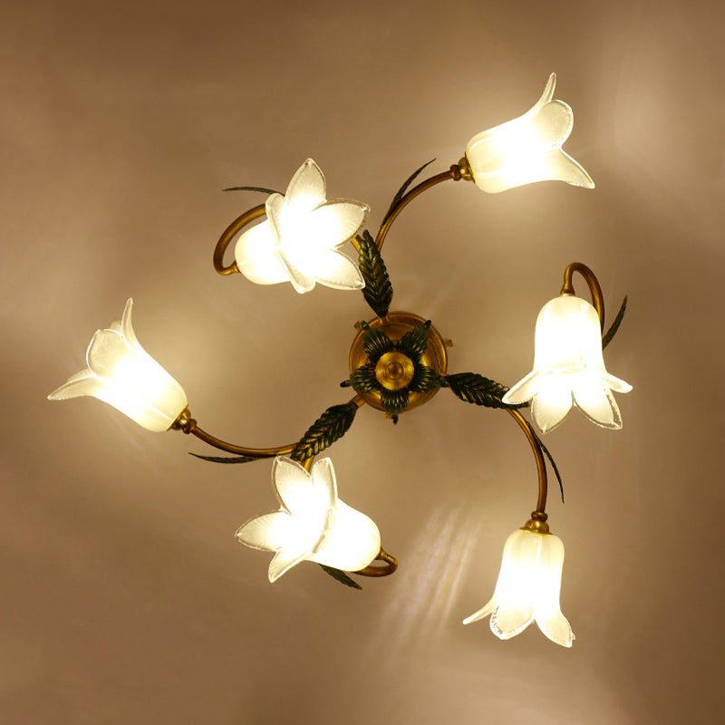 White Glass Blossom Ceiling Light Pastoral Style Bedroom Semi Flush Mount Lamp in Brass 6 White Morning Glory Clearhalo 'Ceiling Lights' 'Close To Ceiling Lights' 'Close to ceiling' 'Semi-flushmount' Lighting' 2415144