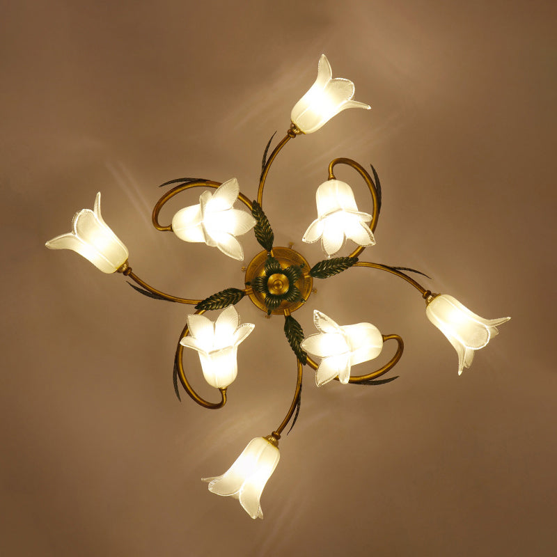 White Glass Blossom Ceiling Light Pastoral Style Bedroom Semi Flush Mount Lamp in Brass 8 White Morning Glory Clearhalo 'Ceiling Lights' 'Close To Ceiling Lights' 'Close to ceiling' 'Semi-flushmount' Lighting' 2415145