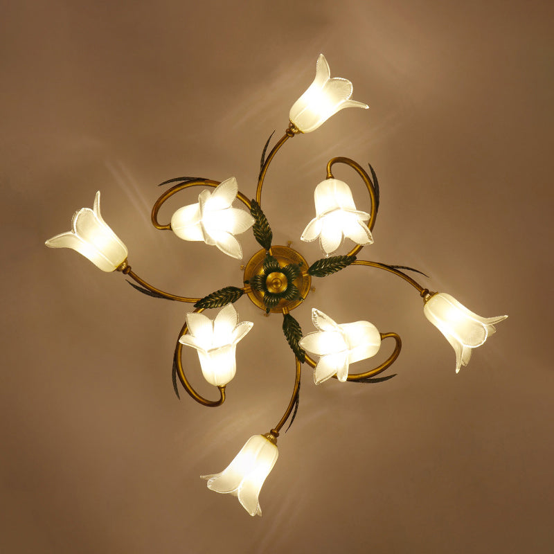 White Glass Blossom Ceiling Light Pastoral Style Bedroom Semi Flush Mount Lamp in Brass 8 White Morning Glory Clearhalo 'Ceiling Lights' 'Close To Ceiling Lights' 'Close to ceiling' 'Semi-flushmount' Lighting' 2415145