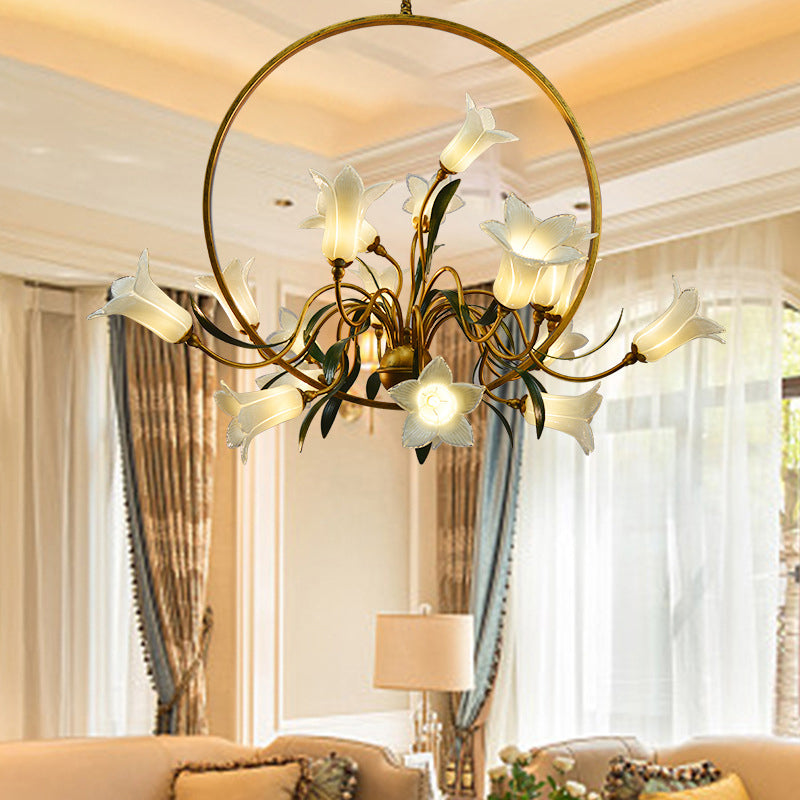 Lily Flower Living Room Chandelier Rustic Hand-Blown Glass Hanging Light with Metal Ring Clearhalo 'Ceiling Lights' 'Chandeliers' Lighting' 2415147