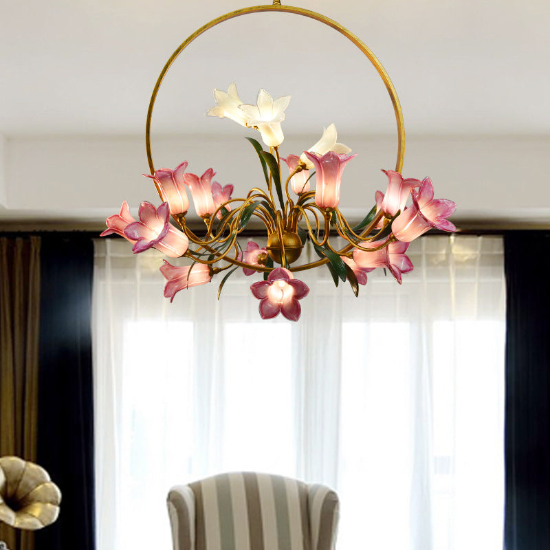 Lily Flower Living Room Chandelier Rustic Hand-Blown Glass Hanging Light with Metal Ring Pink Clearhalo 'Ceiling Lights' 'Chandeliers' Lighting' 2415148