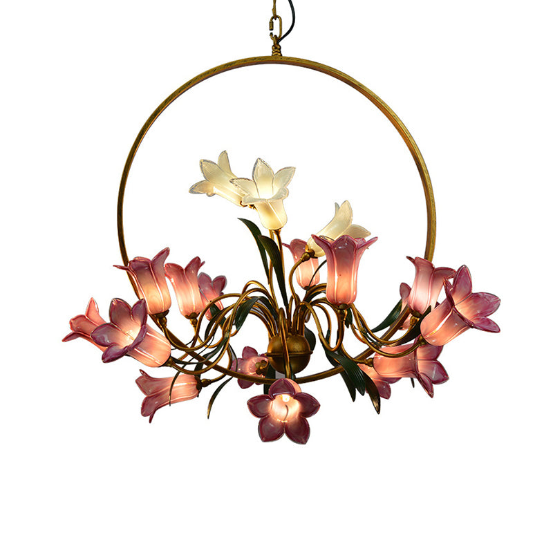 Lily Flower Living Room Chandelier Rustic Hand-Blown Glass Hanging Light with Metal Ring Clearhalo 'Ceiling Lights' 'Chandeliers' Lighting' 2415150