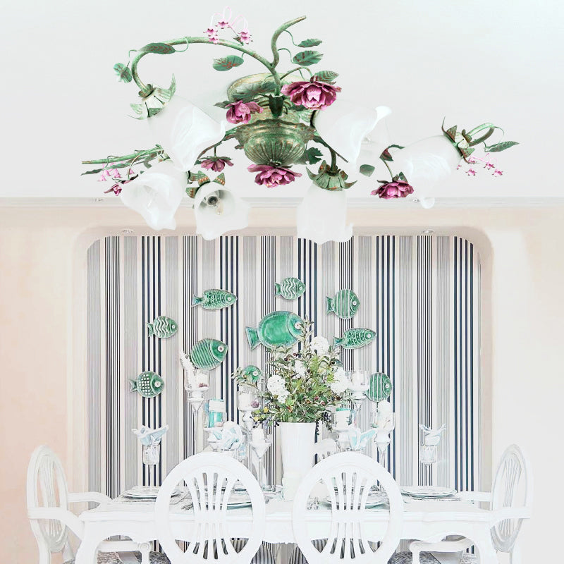 Turquoise Finish Ceiling Mounted Light Country Flower Opaline Glass Semi Flush Mount Lighting Clearhalo 'Ceiling Lights' 'Close To Ceiling Lights' 'Close to ceiling' 'Semi-flushmount' Lighting' 2415170