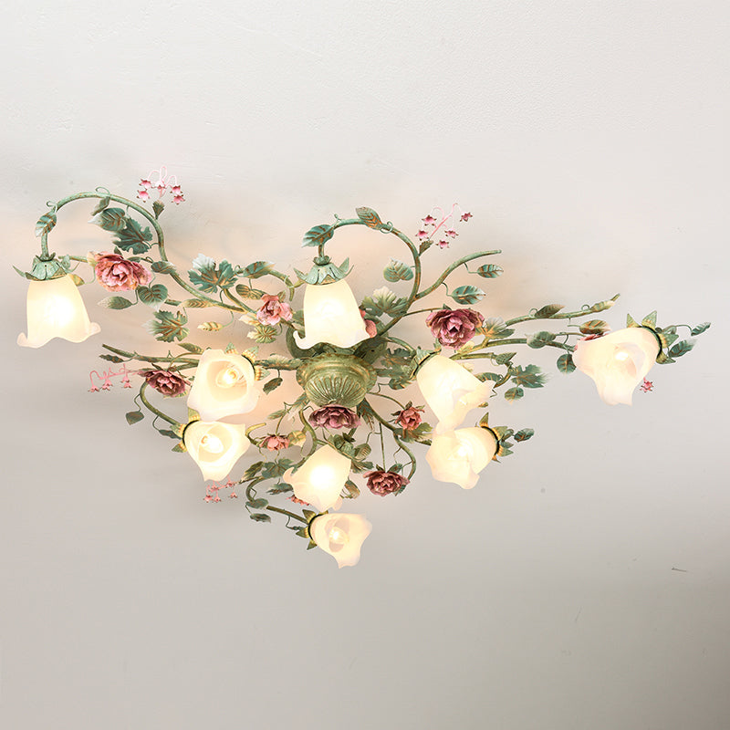 Turquoise Finish Ceiling Mounted Light Country Flower Opaline Glass Semi Flush Mount Lighting Clearhalo 'Ceiling Lights' 'Close To Ceiling Lights' 'Close to ceiling' 'Semi-flushmount' Lighting' 2415171