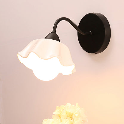 Ceramic Ruffled Wall Lamp Fixture Korean Flower 1-Light Bedroom Wall Sconce Light Black Clearhalo 'Wall Lamps & Sconces' 'Wall Lights' Lighting' 2415178