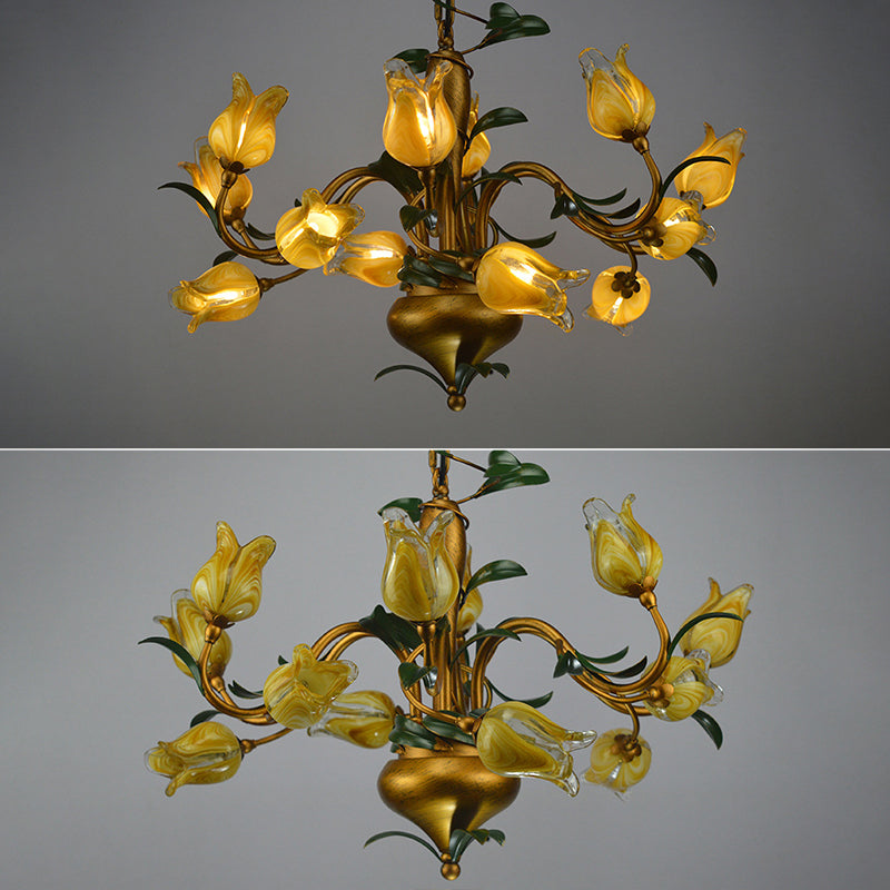 American Flower Tulip Chandelier 12-Light Hand-Worked Glass Ceiling Light for Living Room Yellow Clearhalo 'Ceiling Lights' 'Chandeliers' Lighting' 2415181