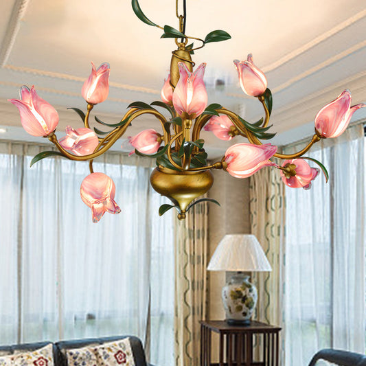 American Flower Tulip Chandelier 12-Light Hand-Worked Glass Ceiling Light for Living Room Clearhalo 'Ceiling Lights' 'Chandeliers' Lighting' 2415182