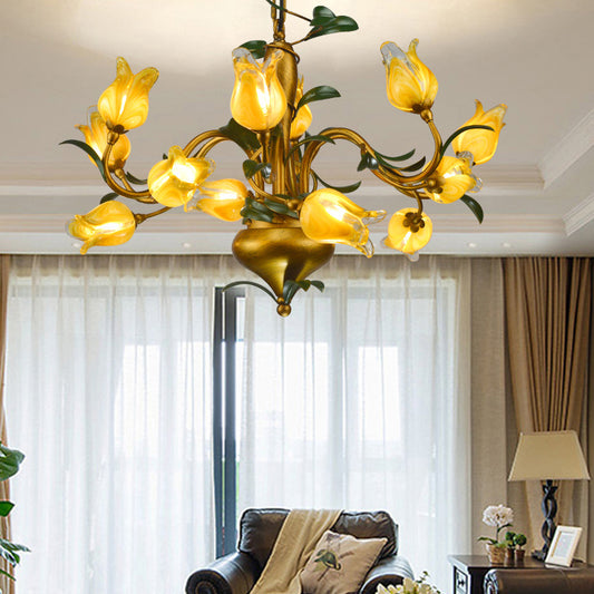 American Flower Tulip Chandelier 12-Light Hand-Worked Glass Ceiling Light for Living Room Clearhalo 'Ceiling Lights' 'Chandeliers' Lighting' 2415183