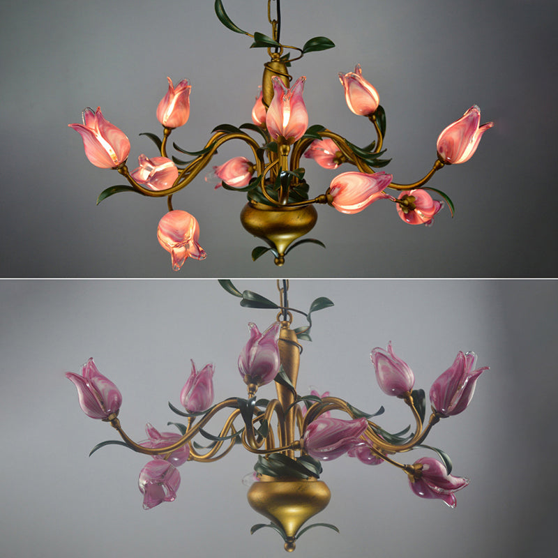 American Flower Tulip Chandelier 12-Light Hand-Worked Glass Ceiling Light for Living Room Pink Clearhalo 'Ceiling Lights' 'Chandeliers' Lighting' 2415184