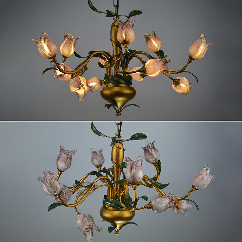 American Flower Tulip Chandelier 12-Light Hand-Worked Glass Ceiling Light for Living Room Purple Clearhalo 'Ceiling Lights' 'Chandeliers' Lighting' 2415185