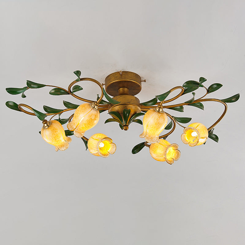 6-Head Pomegranate Flower Flushmount Pastoral Glass Semi Flush Mount Ceiling Light for Dining Room Yellow Clearhalo 'Ceiling Lights' 'Close To Ceiling Lights' 'Close to ceiling' 'Semi-flushmount' Lighting' 2415195