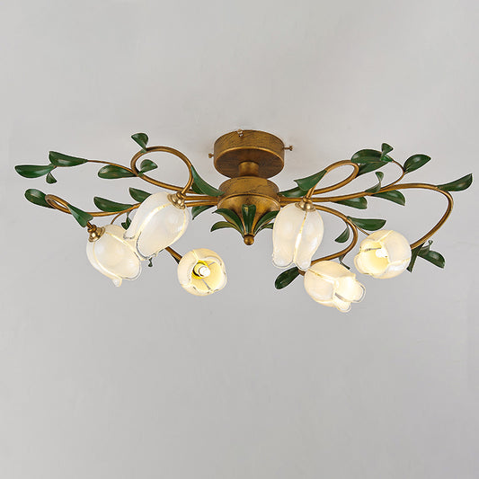 6-Head Pomegranate Flower Flushmount Pastoral Glass Semi Flush Mount Ceiling Light for Dining Room White Clearhalo 'Ceiling Lights' 'Close To Ceiling Lights' 'Close to ceiling' 'Semi-flushmount' Lighting' 2415199