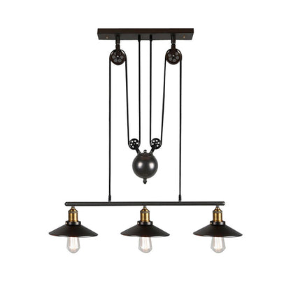 Black Wide Flare Pulley Pendant Light Industrial 3 Bulbs Restaurant Hanging Island Light Black Clearhalo 'Ceiling Lights' 'Island Lights' Lighting' 2415222
