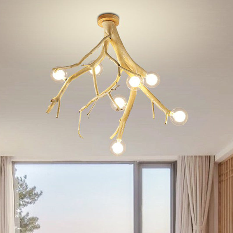 Wood Tree Branch Ceiling Light Japanese Style 8-Bulb Metal Semi Flush Mount Light for Dining Room Clearhalo 'Ceiling Lights' 'Close To Ceiling Lights' 'Close to ceiling' 'Semi-flushmount' Lighting' 2415231